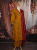 Mustard Yellow Butta Thread and Mirror Embroidered Design Cotton Straight Cut Salwar Suit with Contrast Dupatta