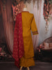 Mustard Yellow Butta Thread and Mirror Embroidered Design Cotton Straight Cut Salwar Suit with Contrast Dupatta