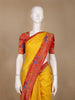 Mustard Yellow Checks Design Silk Saree with Red Border And Peacock Motifs
