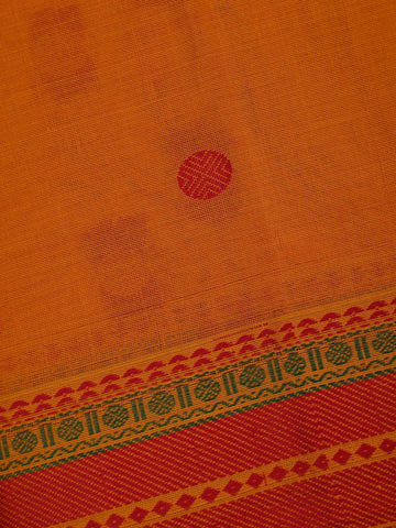 Mustard Yellow Circular Butta Cotton Saree with Contrast Red And Green Border - Diadem