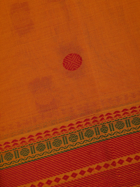 Mustard Yellow Circular Butta Cotton Saree with Contrast Red And Green Border - Diadem