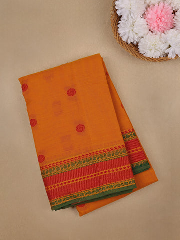 Mustard Yellow Circular Butta Cotton Saree with Contrast Red And Green Border - Diadem