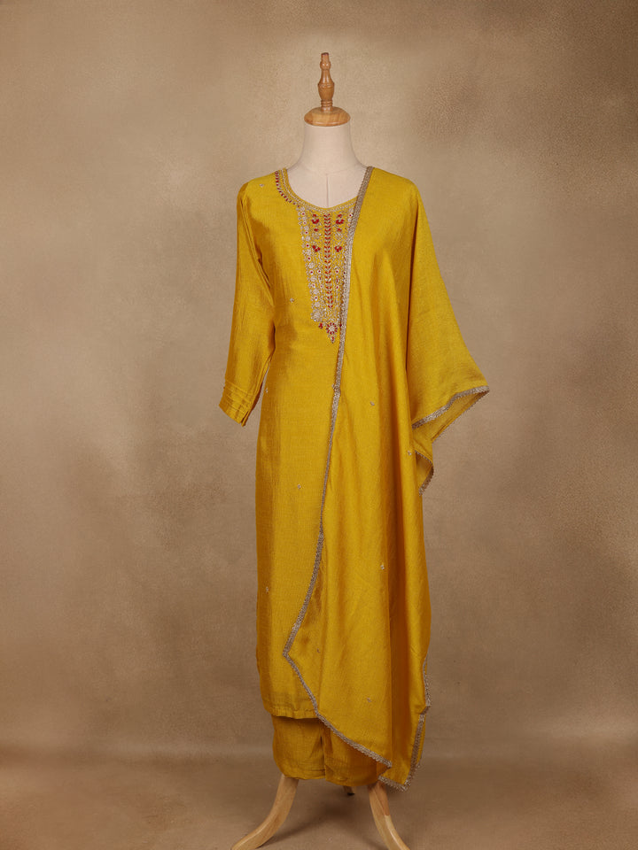 Yellow Embroidered Semi Silk Salwar Suit - Diadem