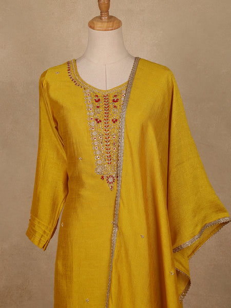Yellow Embroidered Semi Silk Salwar Suit - Diadem