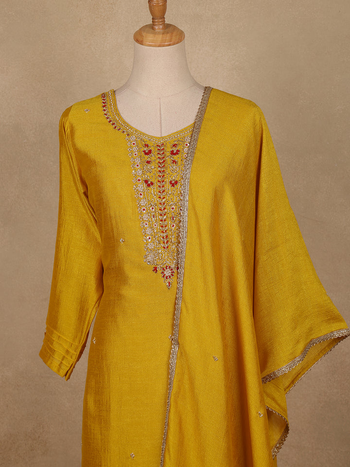 Yellow Embroidered Semi Silk Salwar Suit - Diadem