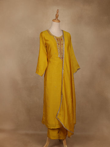 Yellow Embroidered Semi Silk Salwar Suit - Diadem