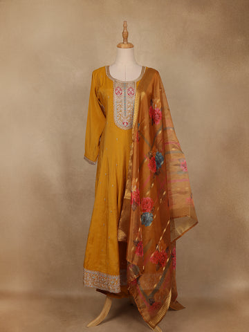 Mustard Yellow Floral Embroidered Semi Silk Salwar Suit - Diadem