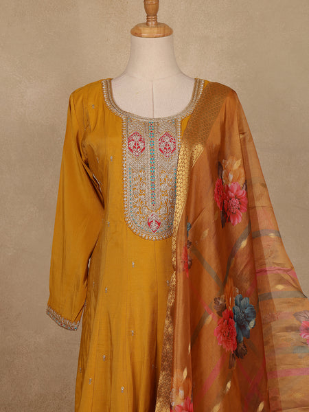 Mustard Yellow Floral Embroidered Semi Silk Salwar Suit - Diadem