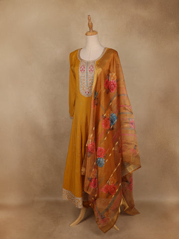 Mustard Yellow Floral Embroidered Semi Silk Salwar Suit - Diadem