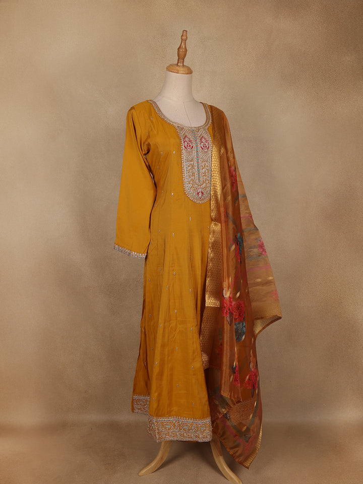 Mustard Yellow Floral Embroidered Semi Silk Salwar Suit - Diadem