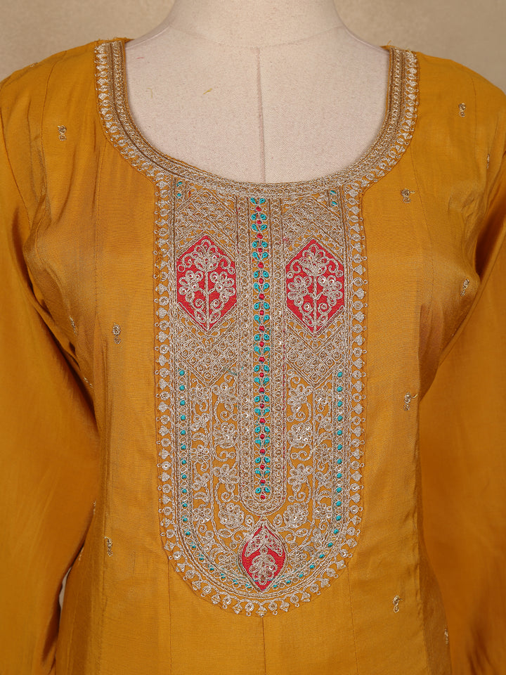 Mustard Yellow Floral Embroidered Semi Silk Salwar Suit - Diadem
