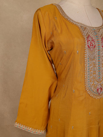 Mustard Yellow Floral Embroidered Semi Silk Salwar Suit - Diadem