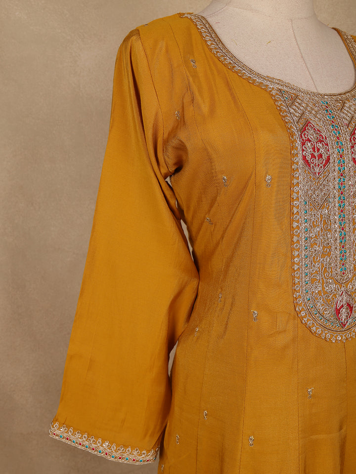 Mustard Yellow Floral Embroidered Semi Silk Salwar Suit - Diadem