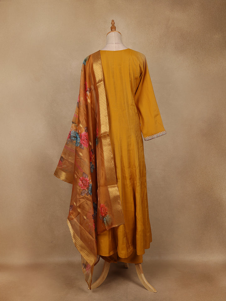 Mustard Yellow Floral Embroidered Semi Silk Salwar Suit - Diadem