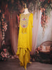 Mustard Yellow Floral Embroidered Yoke Design Satin Kaftan Set with Layered Draped Bottom