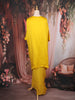 Mustard Yellow Floral Embroidered Yoke Design Satin Kaftan Set with Layered Draped Bottom