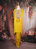 Mustard Yellow Floral Embroidered Yoke Design Satin Kaftan Set with Layered Draped Bottom