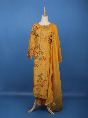 Mustard Yellow Floral Printed Salwar Suit - Diadem