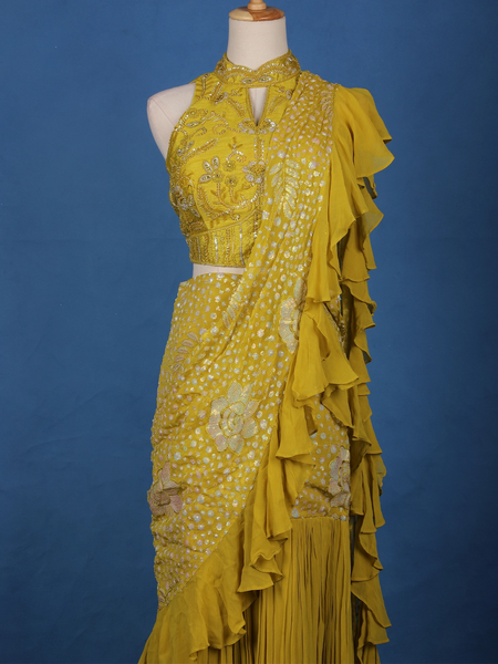 Mustard Yellow Floral Sequin Embroidered Ruffle Georgette Saree With Halter Neck Blouse - Diadem
