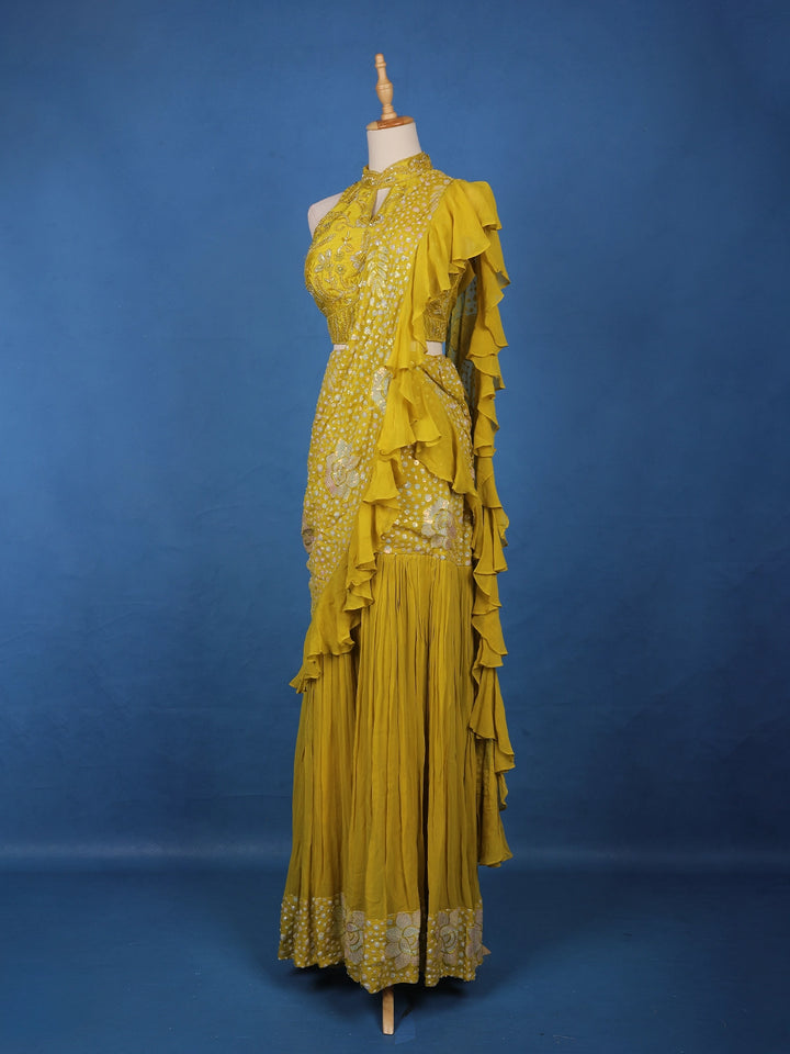 Mustard Yellow Floral Sequin Embroidered Ruffle Georgette Saree With Halter Neck Blouse - Diadem