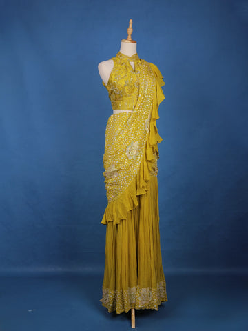 Mustard Yellow Floral Sequin Embroidered Ruffle Georgette Saree With Halter Neck Blouse - Diadem