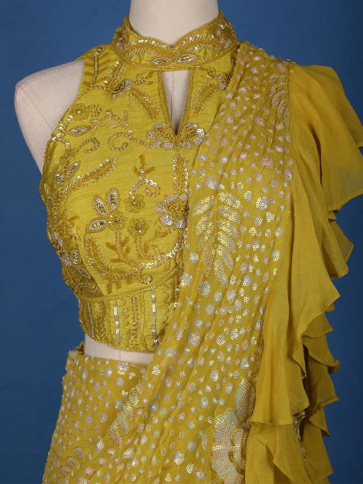 Mustard Yellow Floral Sequin Embroidered Ruffle Georgette Saree With Halter Neck Blouse - Diadem