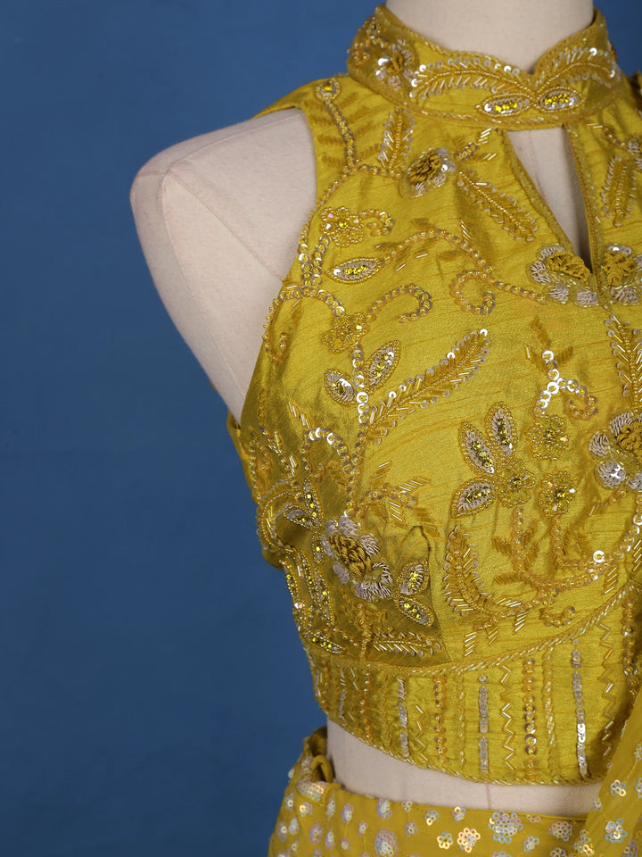 Mustard Yellow Floral Sequin Embroidered Ruffle Georgette Saree With Halter Neck Blouse - Diadem