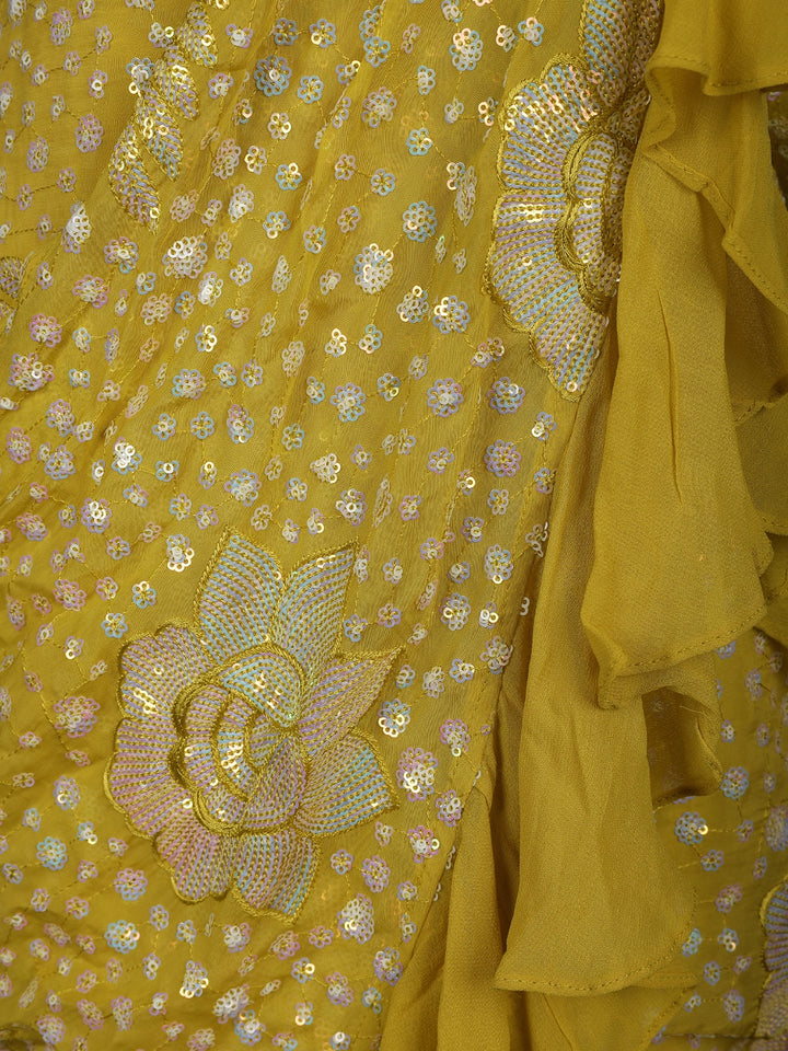 Mustard Yellow Floral Sequin Embroidered Ruffle Georgette Saree With Halter Neck Blouse - Diadem