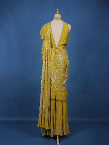 Mustard Yellow Floral Sequin Embroidered Ruffle Georgette Saree With Halter Neck Blouse - Diadem