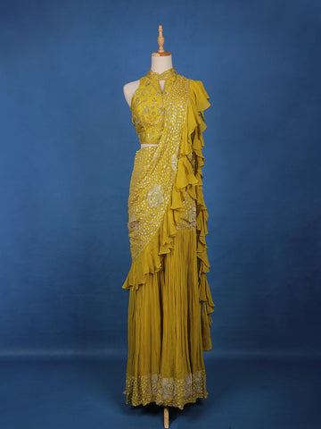 Mustard Yellow Floral Sequin Embroidered Ruffle Georgette Saree With Halter Neck Blouse - Diadem