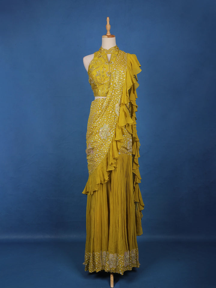 Mustard Yellow Floral Sequin Embroidered Ruffle Georgette Saree With Halter Neck Blouse - Diadem