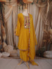 Mustard Yellow Floral Thread Embroidered Design Cotton Anarkali Salwar Suit with Dupatta