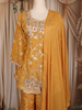 Mustard Yellow Floral Thread Embroidered Design Organza Palazzo Suit
