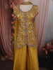 Mustard Yellow Floral Thread Embroidered Design Satin Palazzo Suit with Dupatta