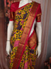 Mustard Yellow Floral Vine Zari Woven Design Semi Silk Festive Saree with Contrast Temple Zari Border