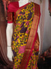 Mustard Yellow Floral Vine Zari Woven Design Semi Silk Festive Saree with Contrast Temple Zari Border