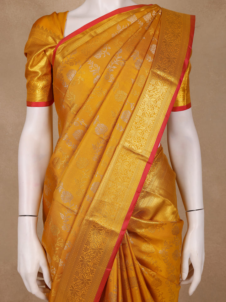 Mustard Yellow Floral Woven Pure Kanchipuram Silk Saree - Diadem
