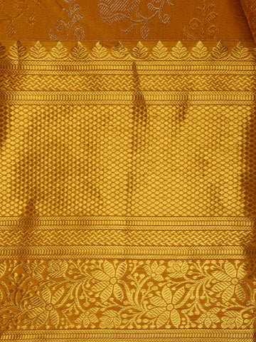 Mustard Yellow Floral Woven Pure Kanchipuram Silk Saree - Diadem