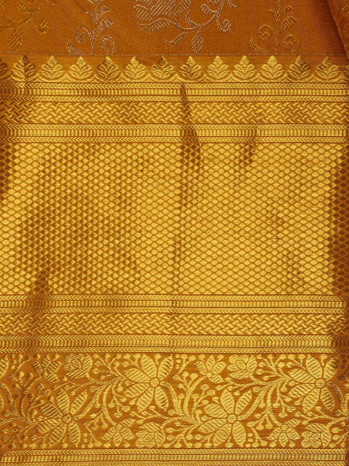 Mustard Yellow Floral Woven Pure Kanchipuram Silk Saree - Diadem