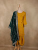 Mustard Yellow Floral Zari Embroidered Design Silk Salwar Suit with Contrast Green Dupatta