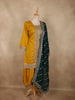 Mustard Yellow Floral Zari Embroidered Design Silk Salwar Suit with Contrast Green Dupatta