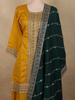 Mustard Yellow Floral Zari Embroidered Design Silk Salwar Suit with Contrast Green Dupatta