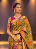Mustard Yellow Kalamkari Woven Design Pure Kanchipuram Silk Bridal Saree with Contrast Magenta Purple Grand Zari Border