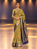 Mustard Yellow Kalamkari Woven Design Pure Kanchipuram Silk Bridal Saree with Contrast Navy Blue Grand Zari Border