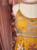 Mustard Yellow Multicolor Floral and Palm Tree Beads Embroidered Design Organza Indo Western Peplum Palazzo Suit with Matching Choker Dupatta