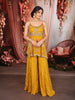 Mustard Yellow Multicolor Floral and Palm Tree Beads Embroidered Design Organza Indo Western Peplum Palazzo Suit with Matching Choker Dupatta