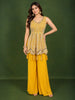 Mustard Yellow Multicolor Stone Embellished and Silver Sequins Embroidered Design Georgette Fancy Wear Peplum Palazzo Suit