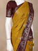 Mustard Yellow Peacock Woven Raw Silk Saree with Contrast Maroon Zari Border