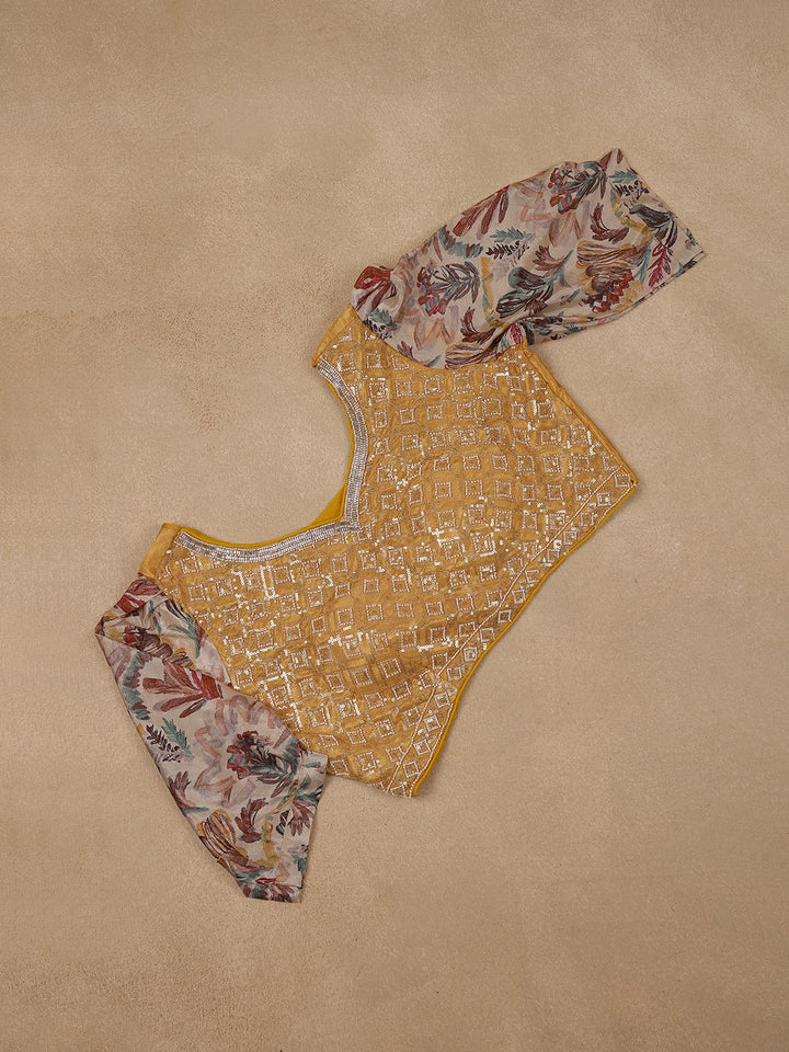 Beige MultiColor Abstract Printed Synthetic Saree with Mustard Yellow Sequin Embroidered Blouse - Diadem