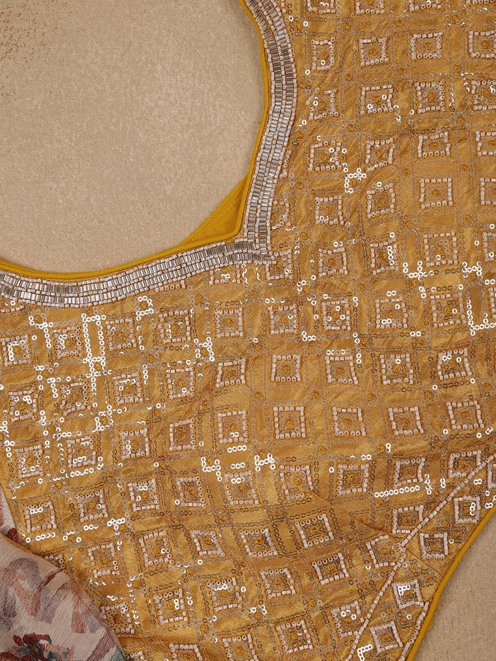Beige MultiColor Abstract Printed Synthetic Saree with Mustard Yellow Sequin Embroidered Blouse - Diadem